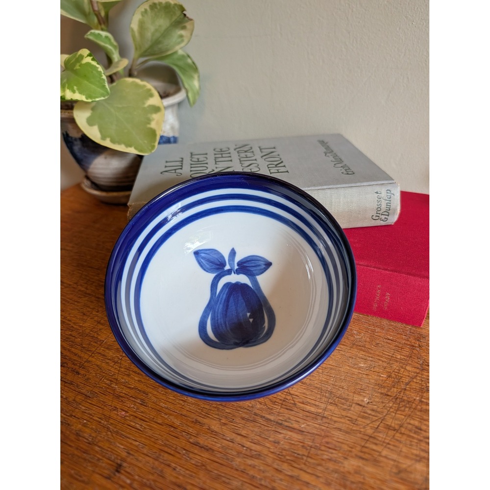 Dansk International Designs Blue Pear Striped Ceramic Bowl White Cobalt Blue